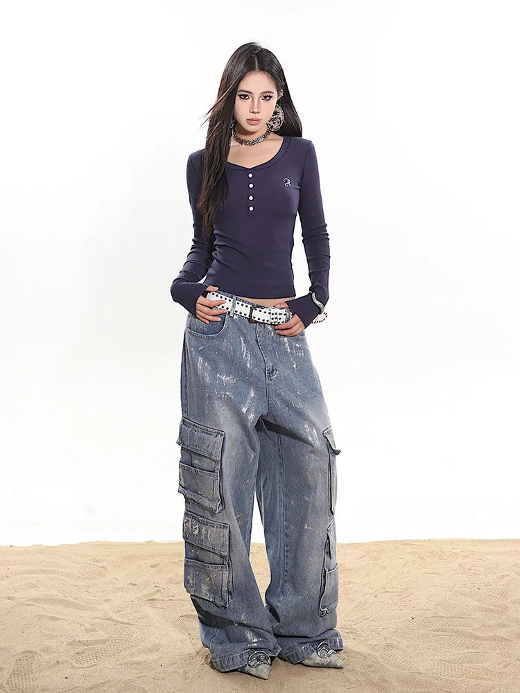 Paint Splatter Wide Leg Cargo Denim Pants