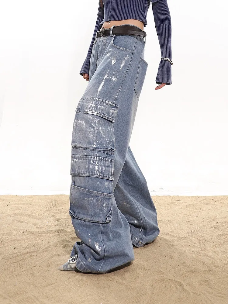 Paint Splatter Wide Leg Cargo Denim Pants