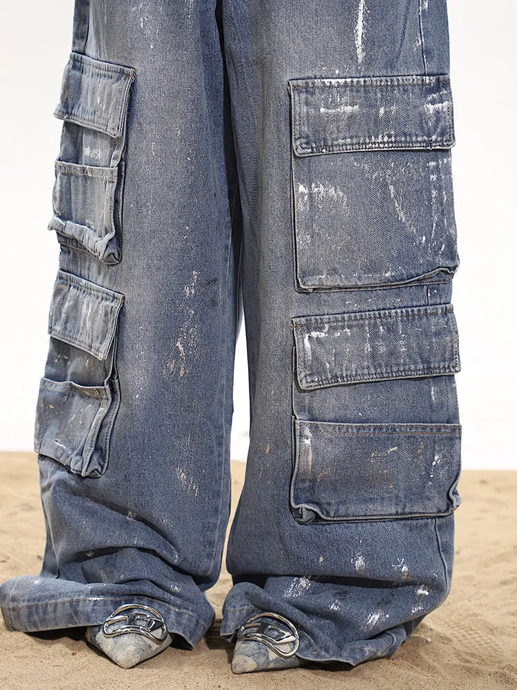 Paint Splatter Wide Leg Cargo Denim Pants