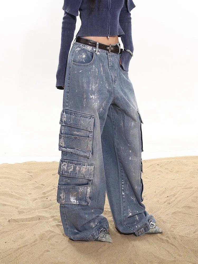 Paint Splatter Wide Leg Cargo Denim Pants