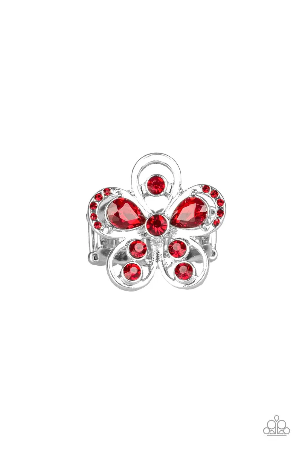 Paparazzi "Gardens of Grandeur" Silver Metal& Red Rhinestone Flower Elastic Back Ring