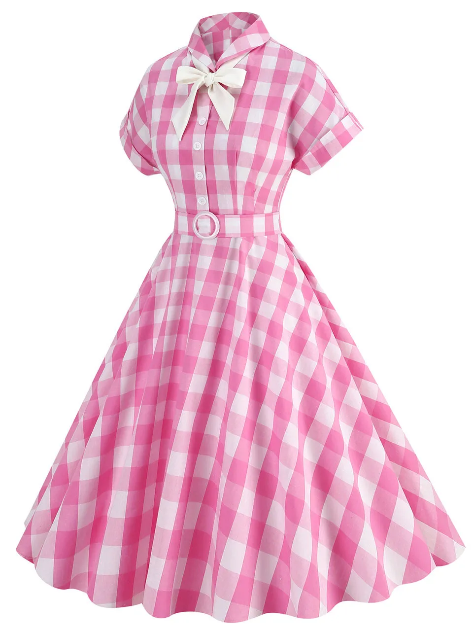 Pink And White Plaid Bow Collar Barbie Same Style 1950S Vintage Dress