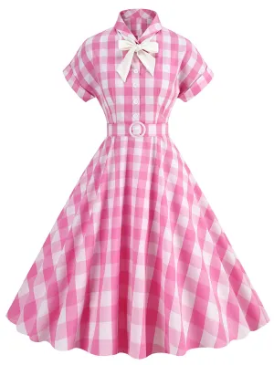 Pink And White Plaid Bow Collar Barbie Same Style 1950S Vintage Dress