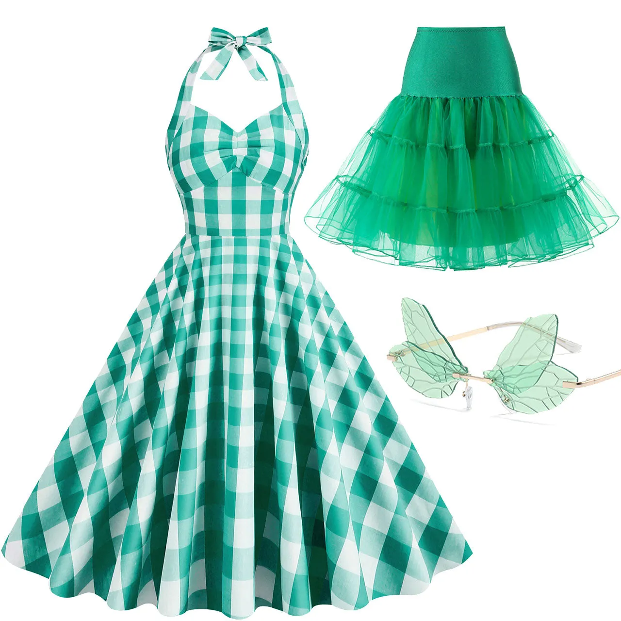 Pink And White Plaid Halter Classis Style 1950S Vintage Dress Set