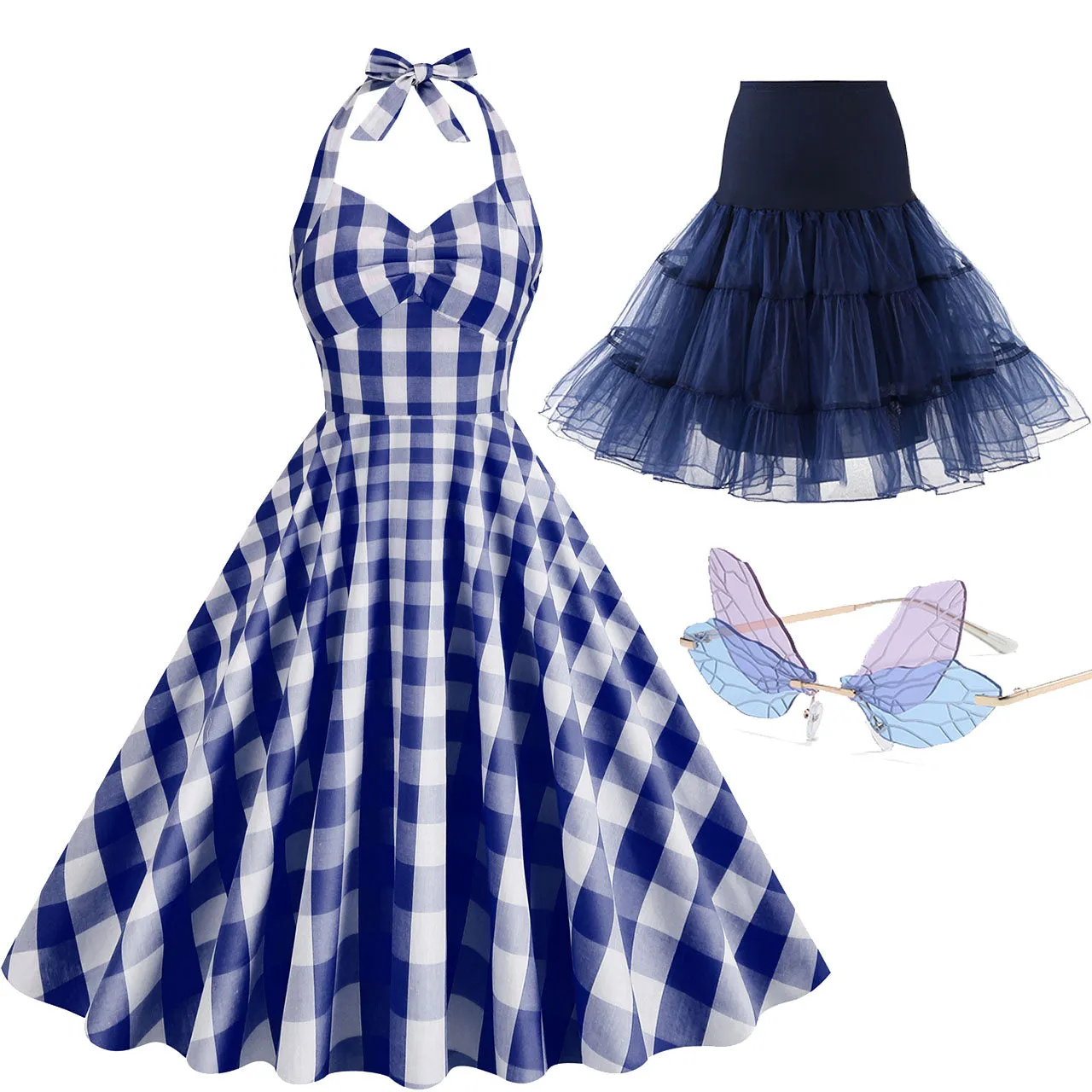 Pink And White Plaid Halter Classis Style 1950S Vintage Dress Set