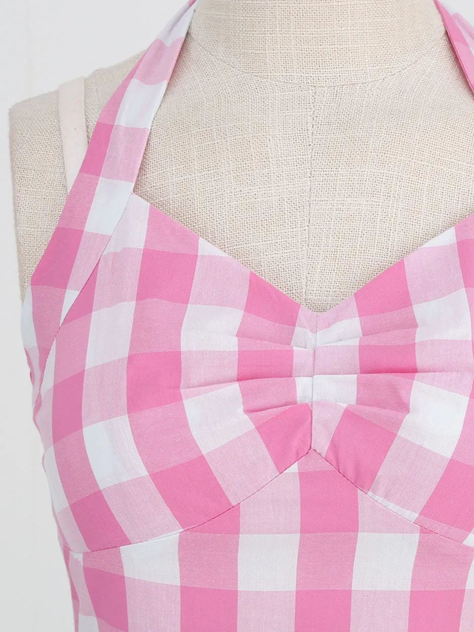 Pink And White Plaid Halter Classis Style 1950S Vintage Dress Set