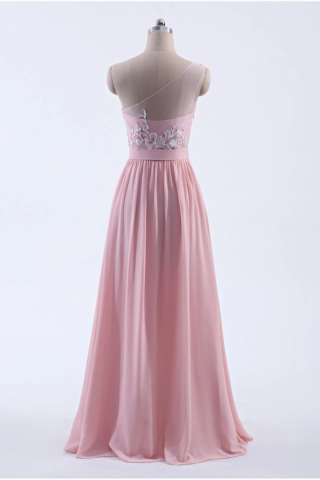 Pink One Shoulder Chiffon A-line Appliques Long Bridesmaid Dress