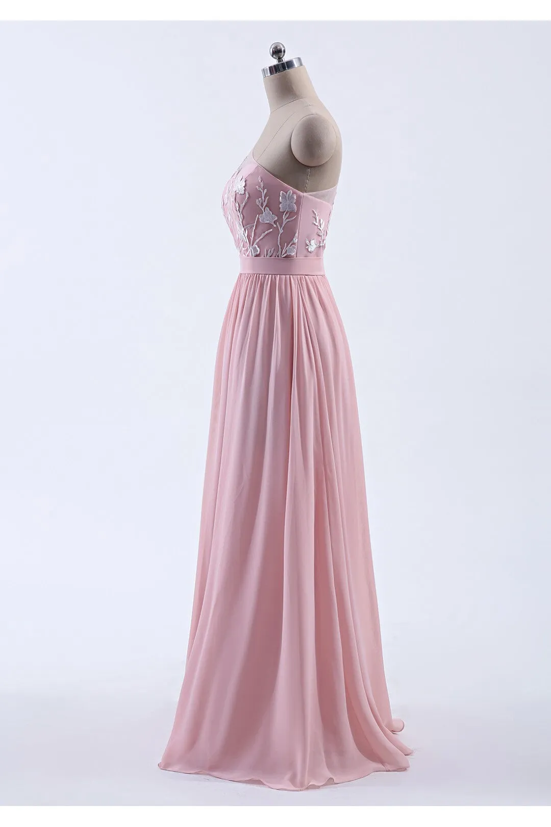 Pink One Shoulder Chiffon A-line Appliques Long Bridesmaid Dress