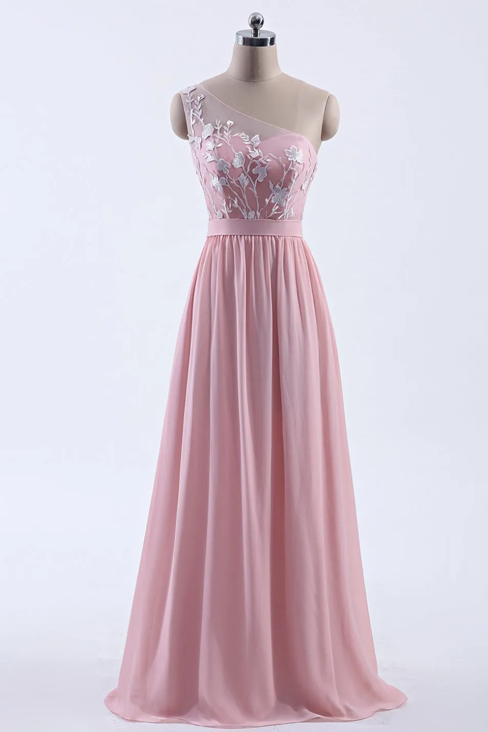 Pink One Shoulder Chiffon A-line Appliques Long Bridesmaid Dress