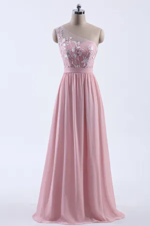 Pink One Shoulder Chiffon A-line Appliques Long Bridesmaid Dress