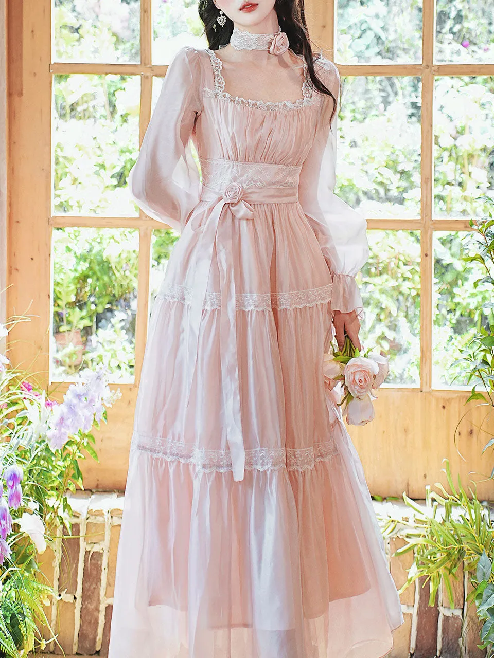 Pink Square Neck Lace Ruffle Vintage Fairy Dress