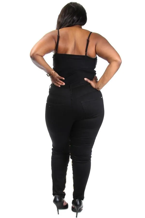 Plus Size Bedazzled Sparkling Knee Slit Denim Gold Jeans