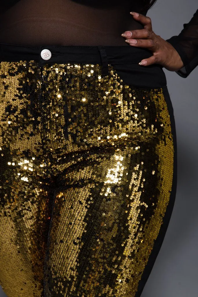 Plus Size Bedazzled Sparkling Knee Slit Denim Gold Jeans