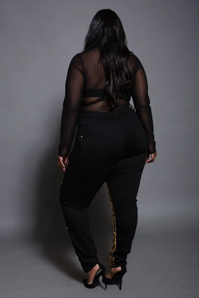 Plus Size Bedazzled Sparkling Knee Slit Denim Gold Jeans