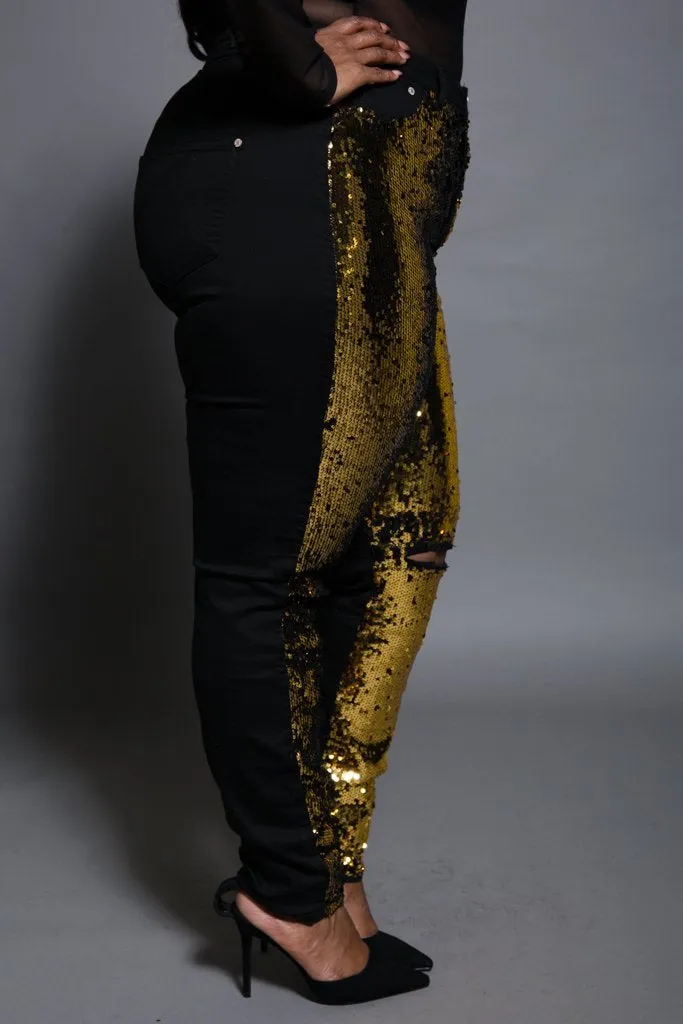 Plus Size Bedazzled Sparkling Knee Slit Denim Gold Jeans