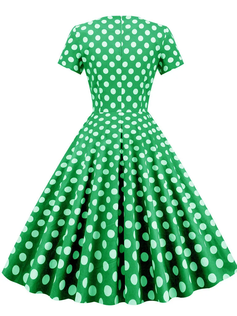 Polka Dots V Neck 1950S Dress With Pockets