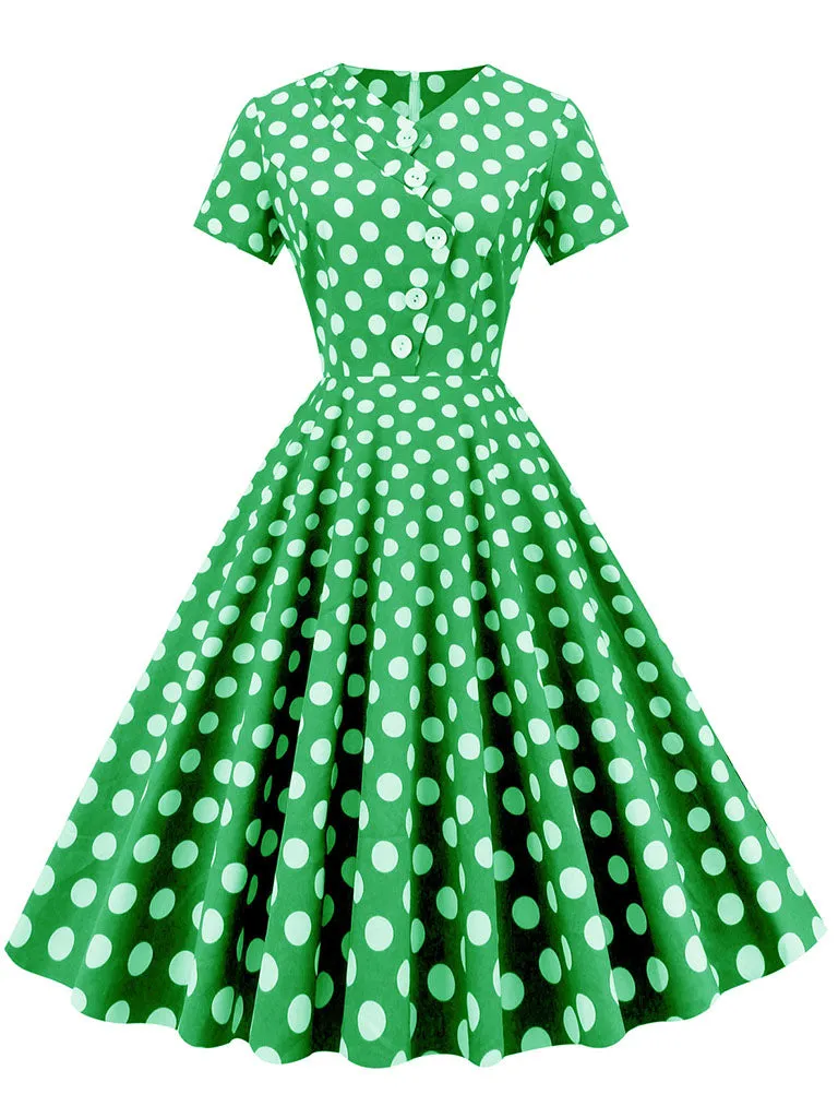 Polka Dots V Neck 1950S Dress With Pockets
