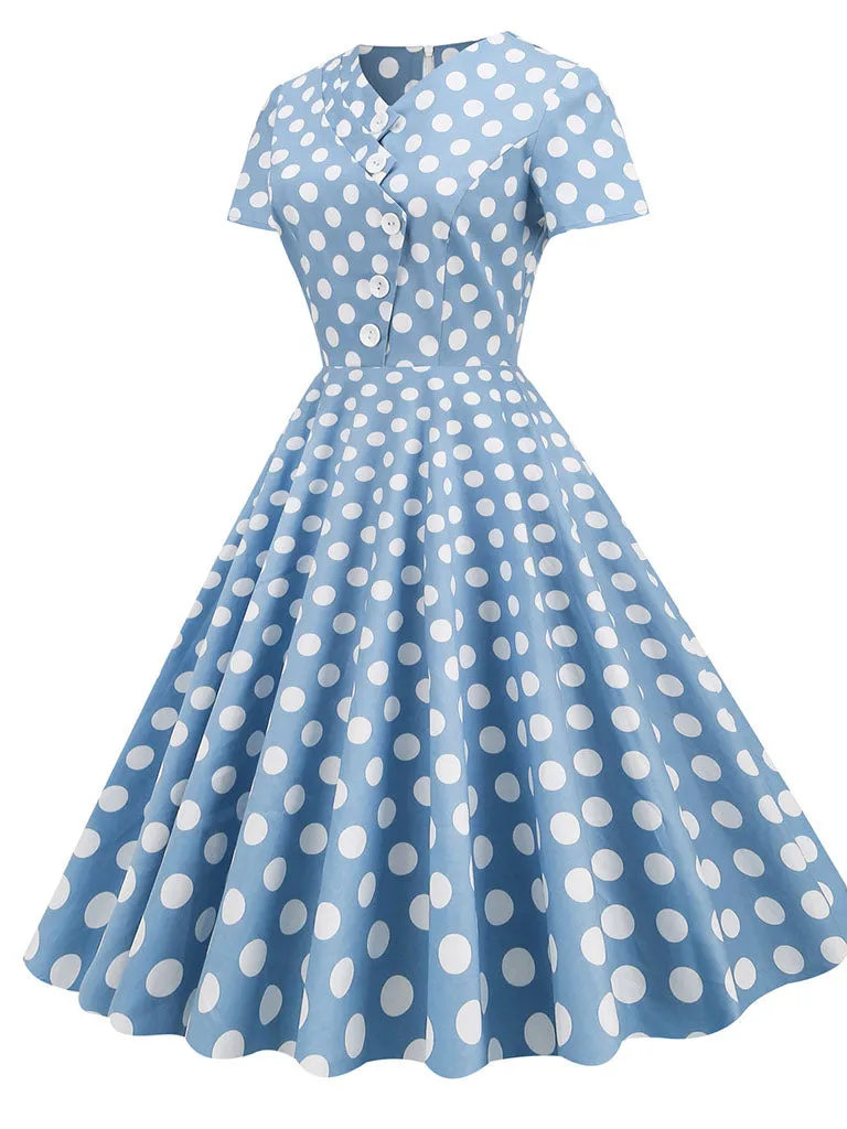 Polka Dots V Neck 1950S Dress With Pockets