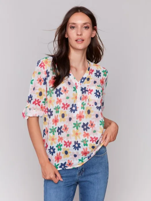 Printed Gauze Half-Button Blouse