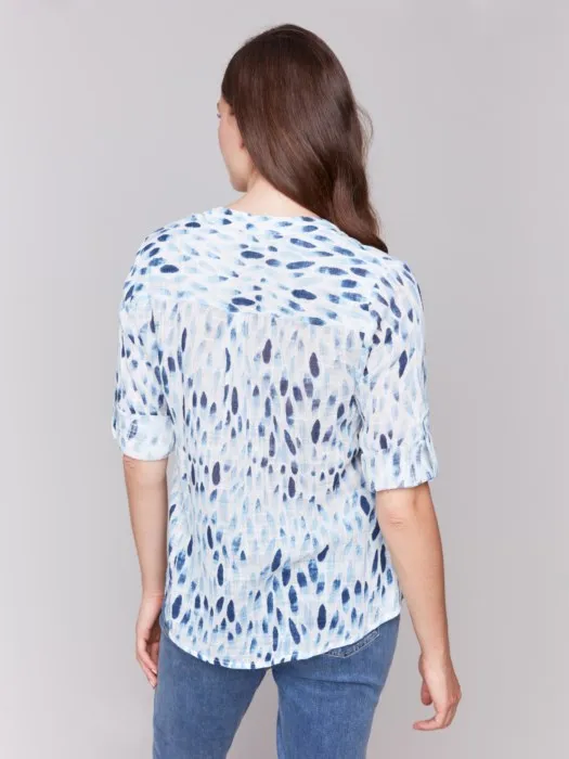 Printed Gauze Half-Button Blouse