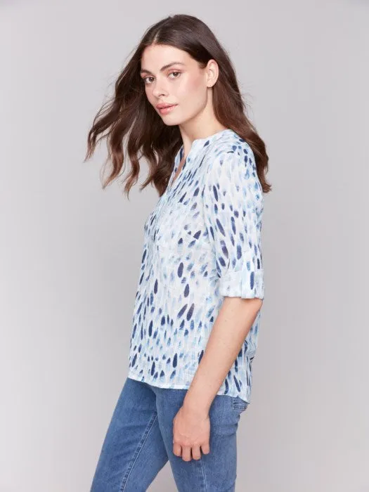 Printed Gauze Half-Button Blouse