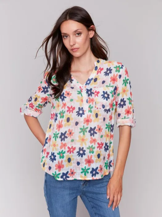 Printed Gauze Half-Button Blouse