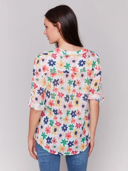 Printed Gauze Half-Button Blouse
