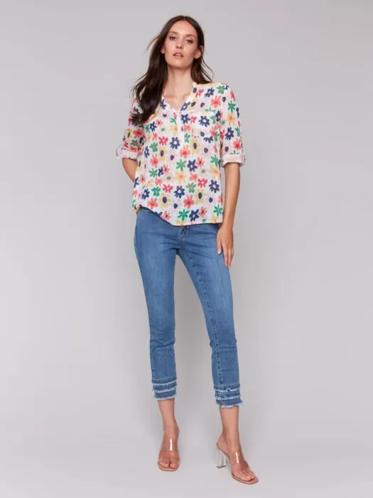 Printed Gauze Half-Button Blouse