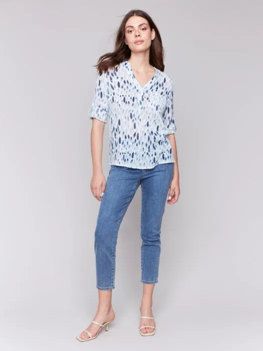 Printed Gauze Half-Button Blouse
