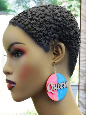 Queen Earrings Hand Painted Jewelry Blue Pink Wooden