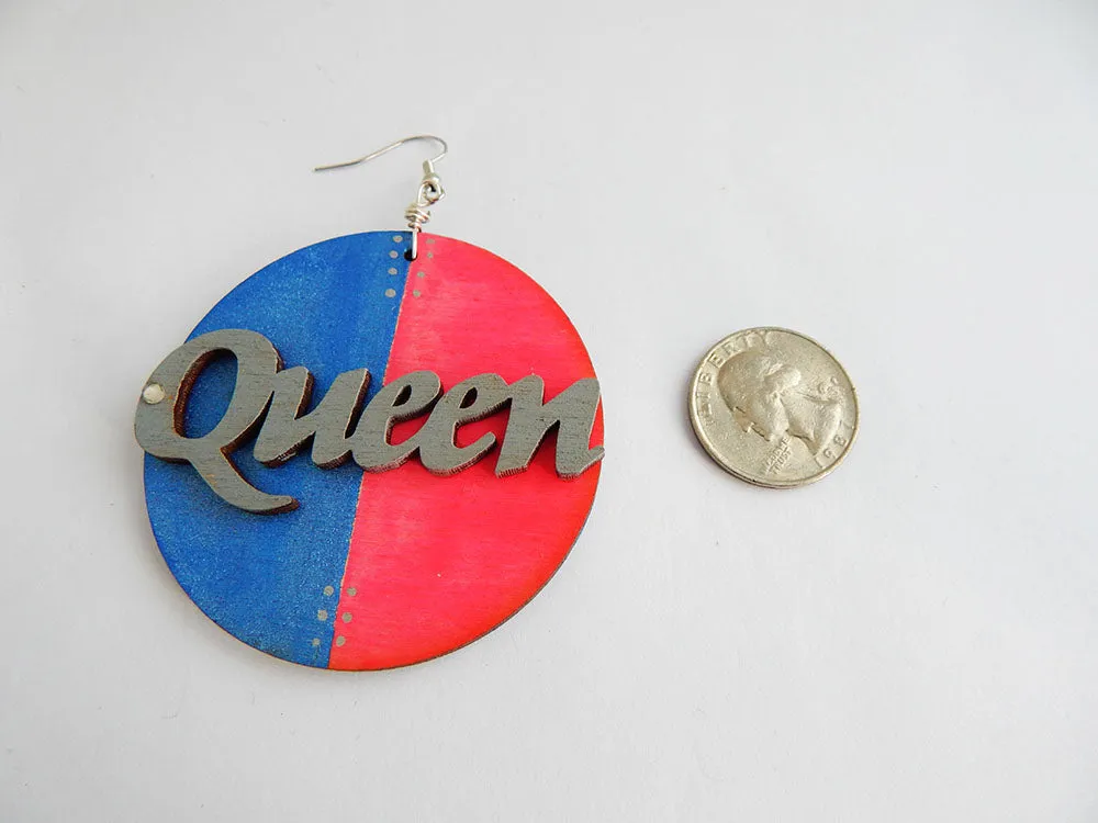 Queen Earrings Hand Painted Jewelry Blue Pink Wooden