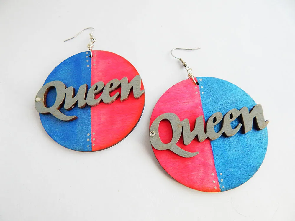 Queen Earrings Hand Painted Jewelry Blue Pink Wooden