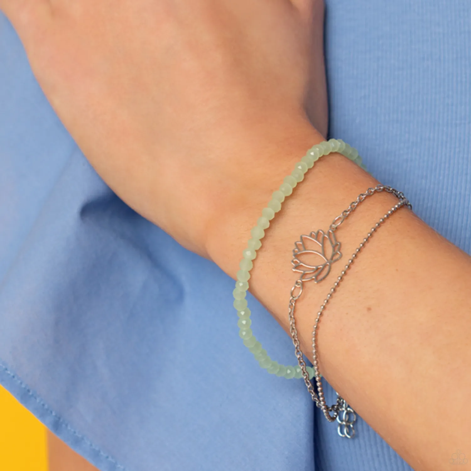 "A Lotus Like This" Silver Metal, Lotus Flower & Green Crystal Multi Strand Bracelet