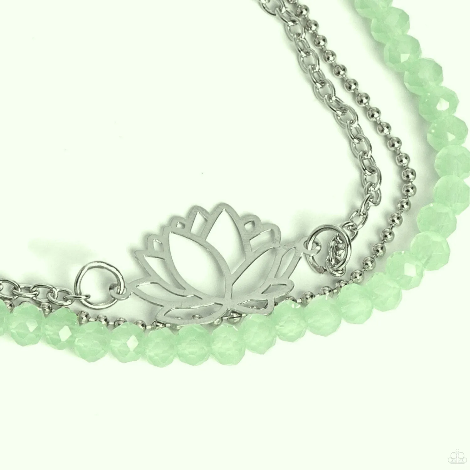 "A Lotus Like This" Silver Metal, Lotus Flower & Green Crystal Multi Strand Bracelet