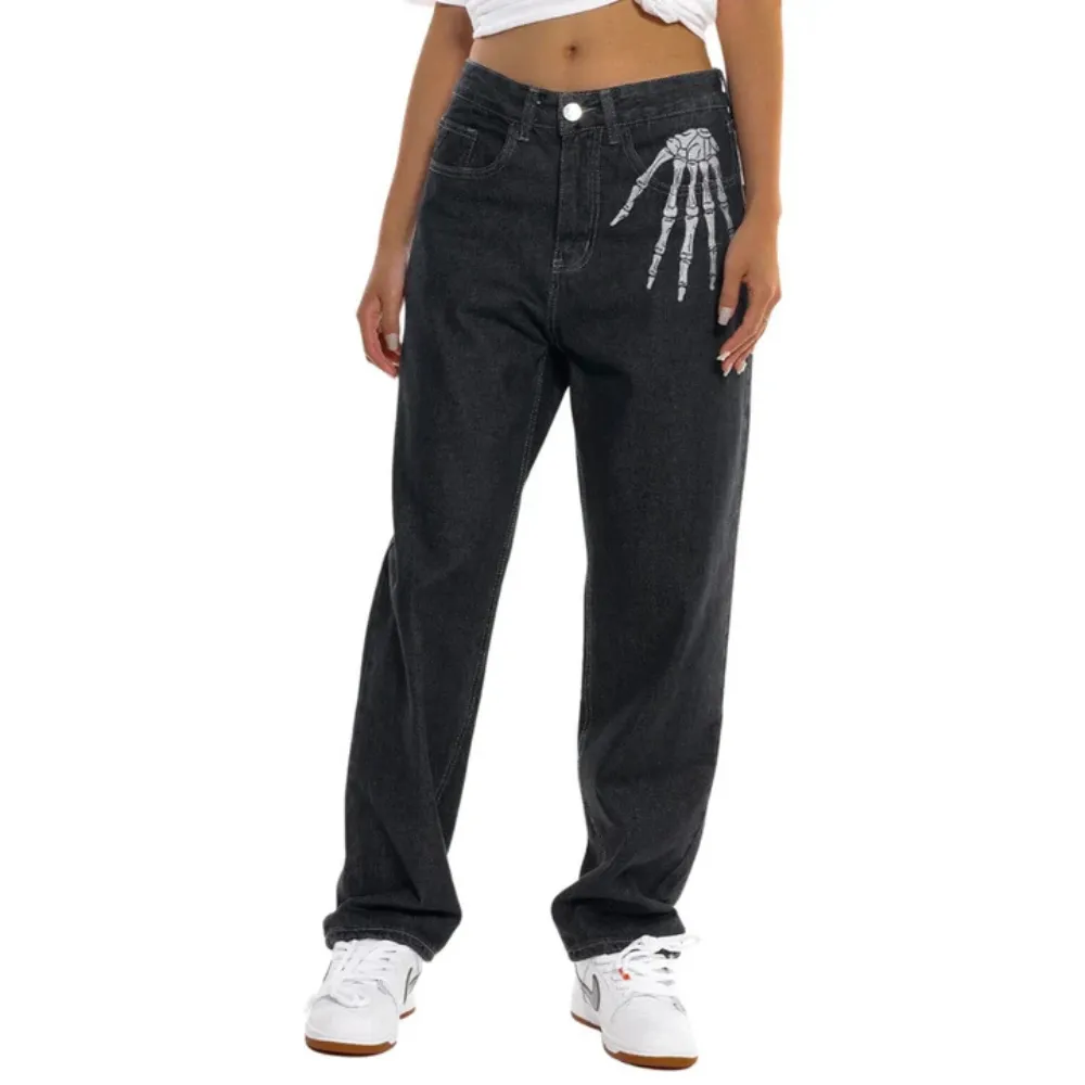 "Dark Skeleton Embroidery Baggy" Jeans