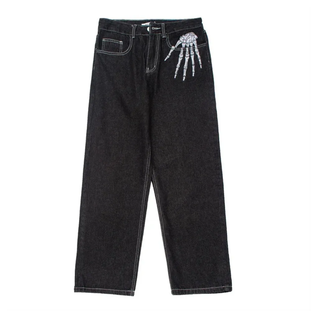 "Dark Skeleton Embroidery Baggy" Jeans