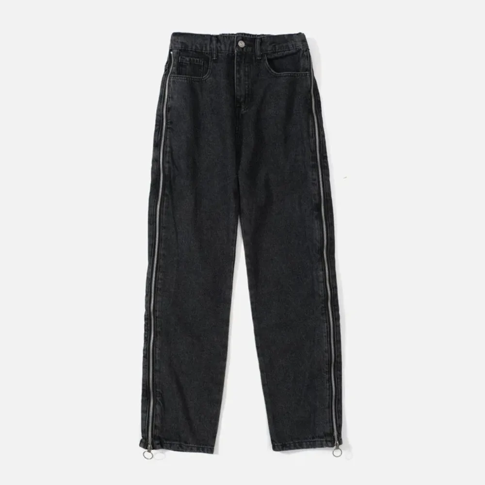 "Simple Side Double Zipper Panel" Jeans