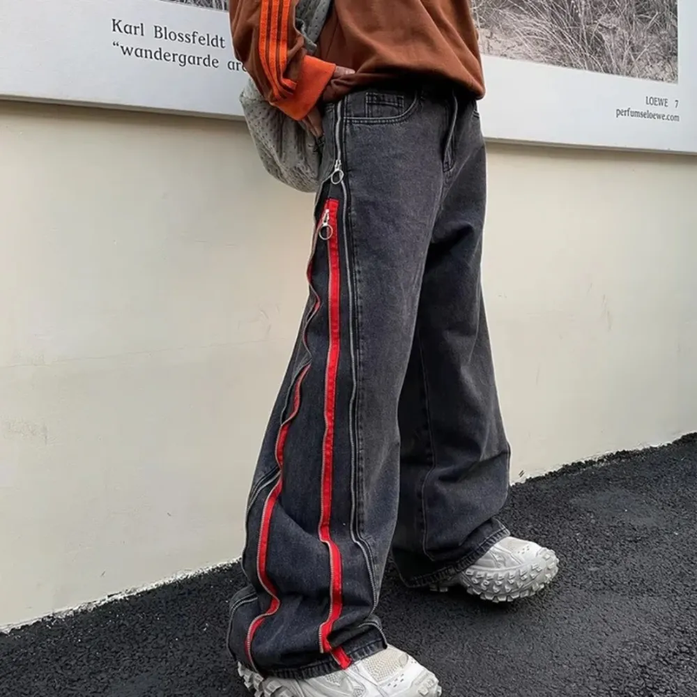 "Simple Side Double Zipper Panel" Jeans
