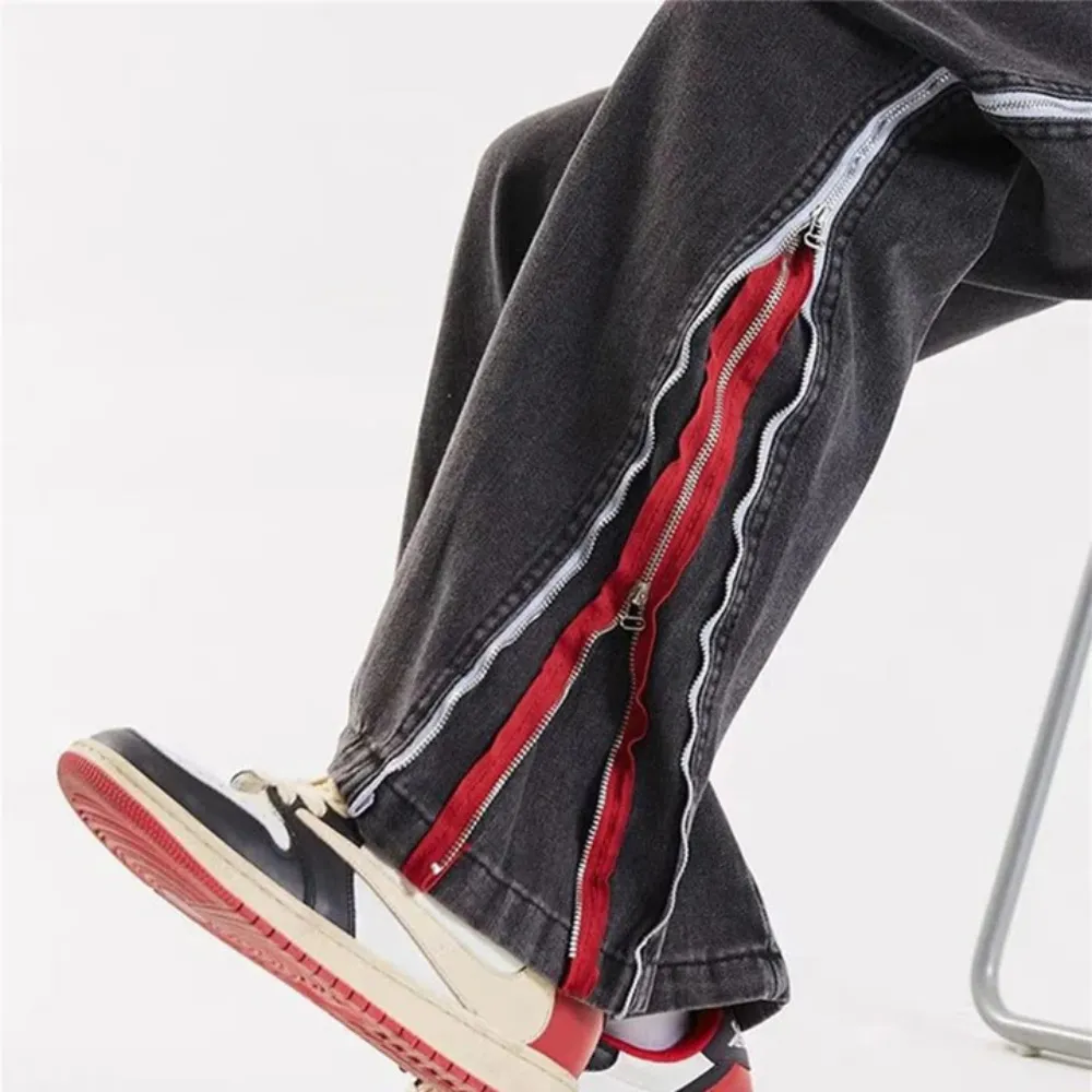 "Simple Side Double Zipper Panel" Jeans