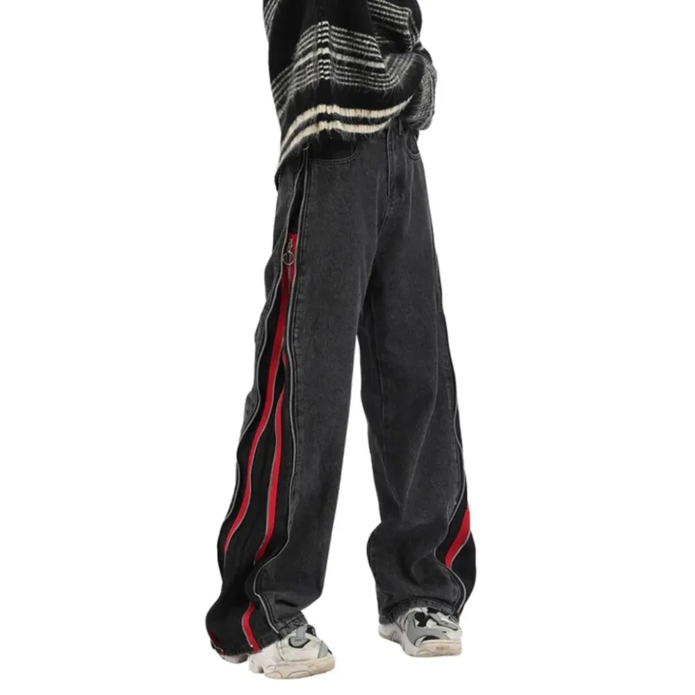 "Simple Side Double Zipper Panel" Jeans