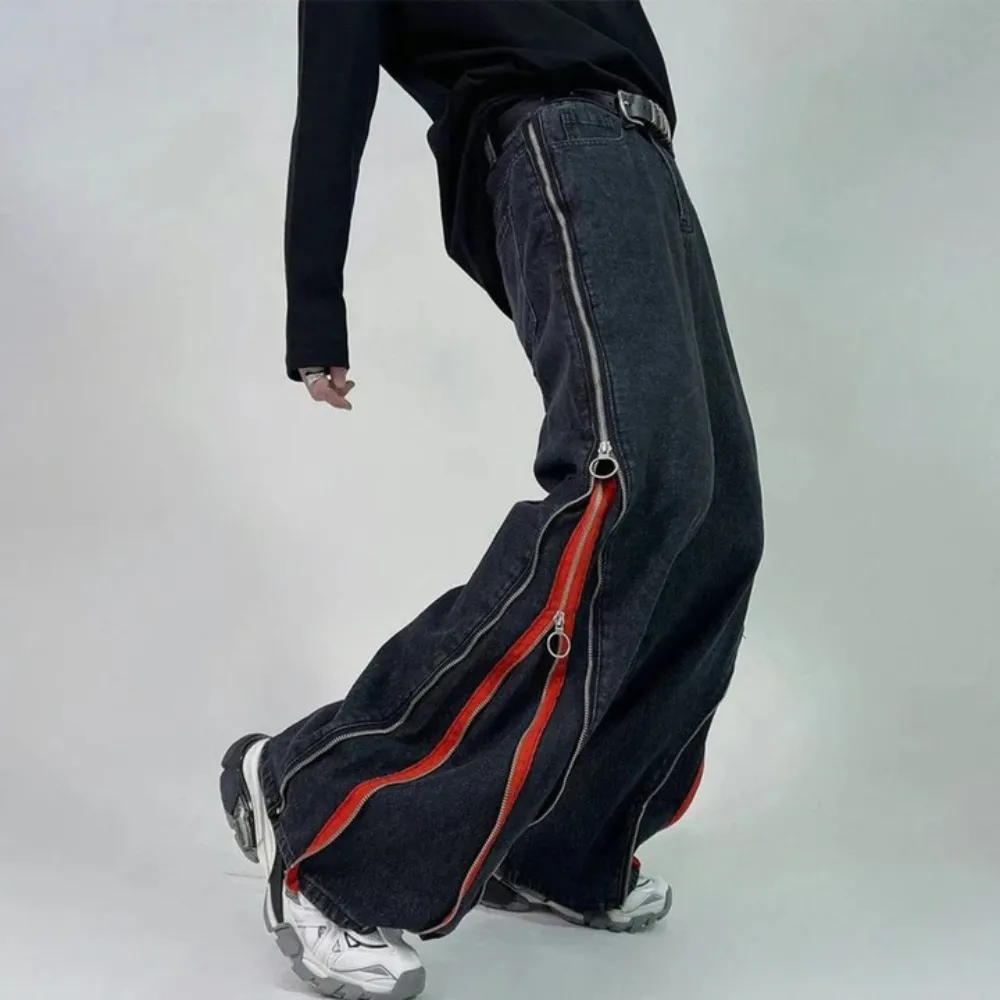 "Simple Side Double Zipper Panel" Jeans