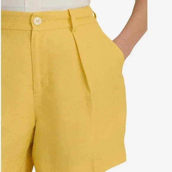Ralph Lauren Pleated Linen-Blend Twill Shorts Primrose Yellow Size 14 New
