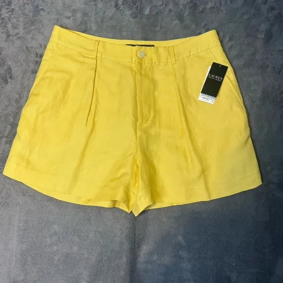 Ralph Lauren Pleated Linen-Blend Twill Shorts Primrose Yellow Size 14 New