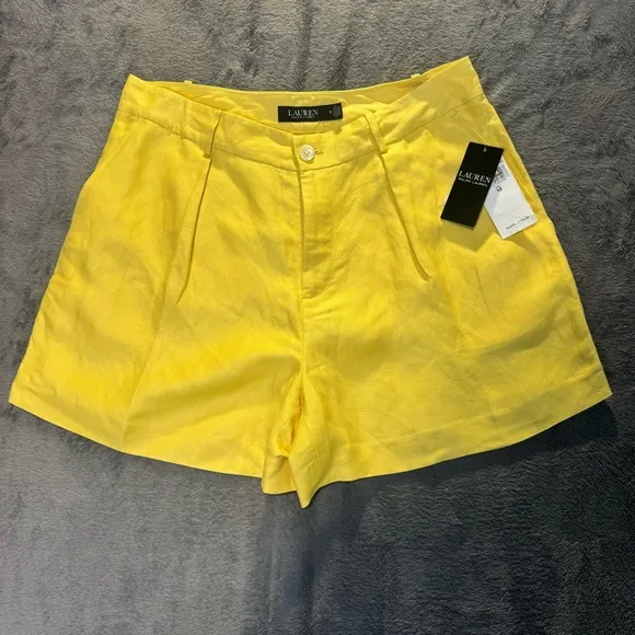 Ralph Lauren Pleated Linen-Blend Twill Shorts Primrose Yellow Size 8 New