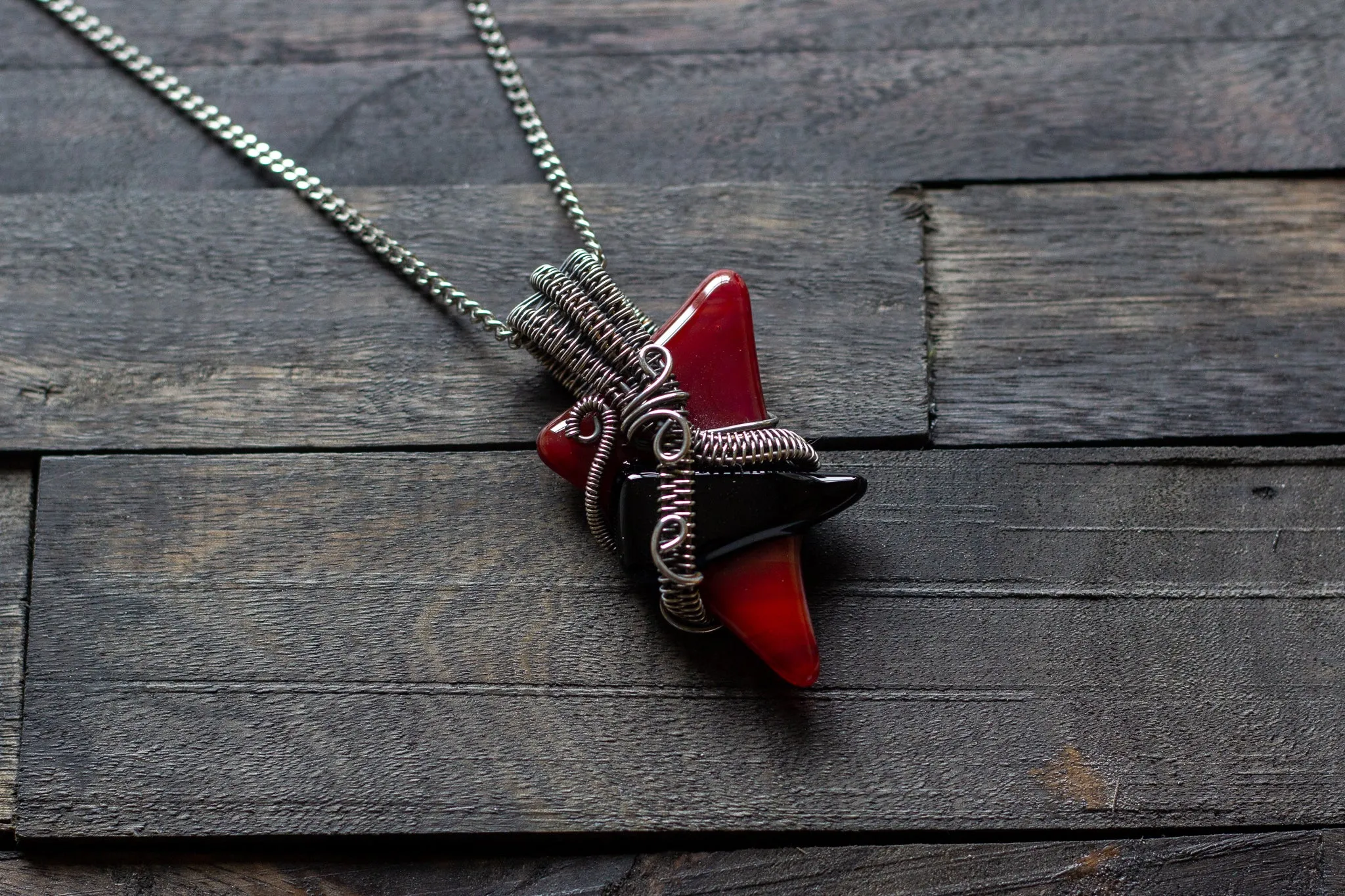 Red and Black Fused Glass Pendant with Sterling Silver Wire Wrapping