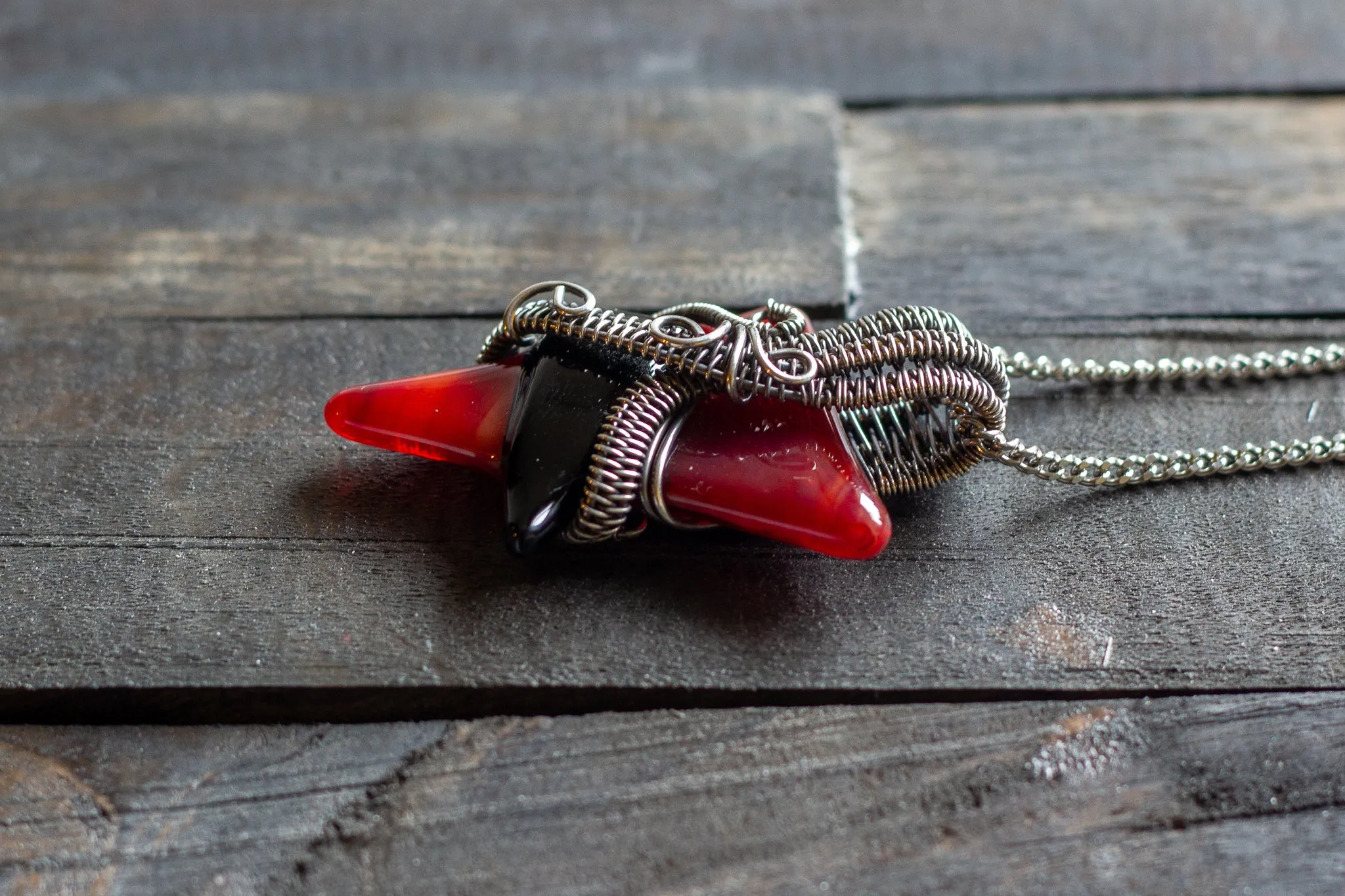 Red and Black Fused Glass Pendant with Sterling Silver Wire Wrapping