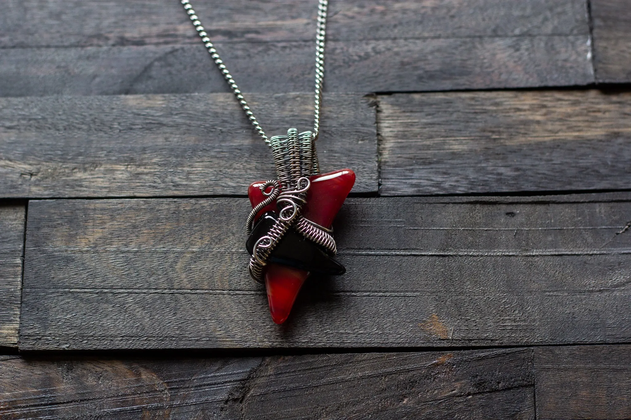Red and Black Fused Glass Pendant with Sterling Silver Wire Wrapping