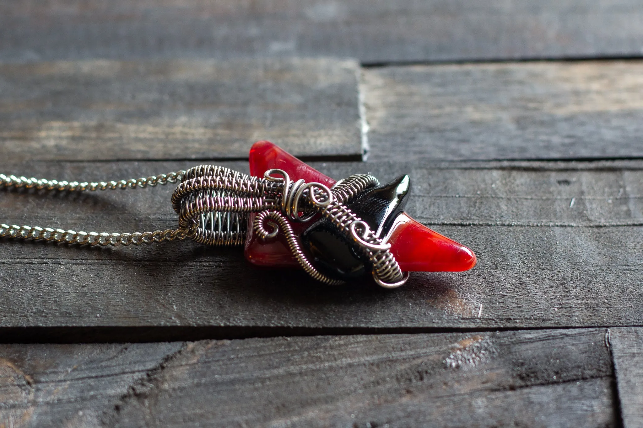 Red and Black Fused Glass Pendant with Sterling Silver Wire Wrapping