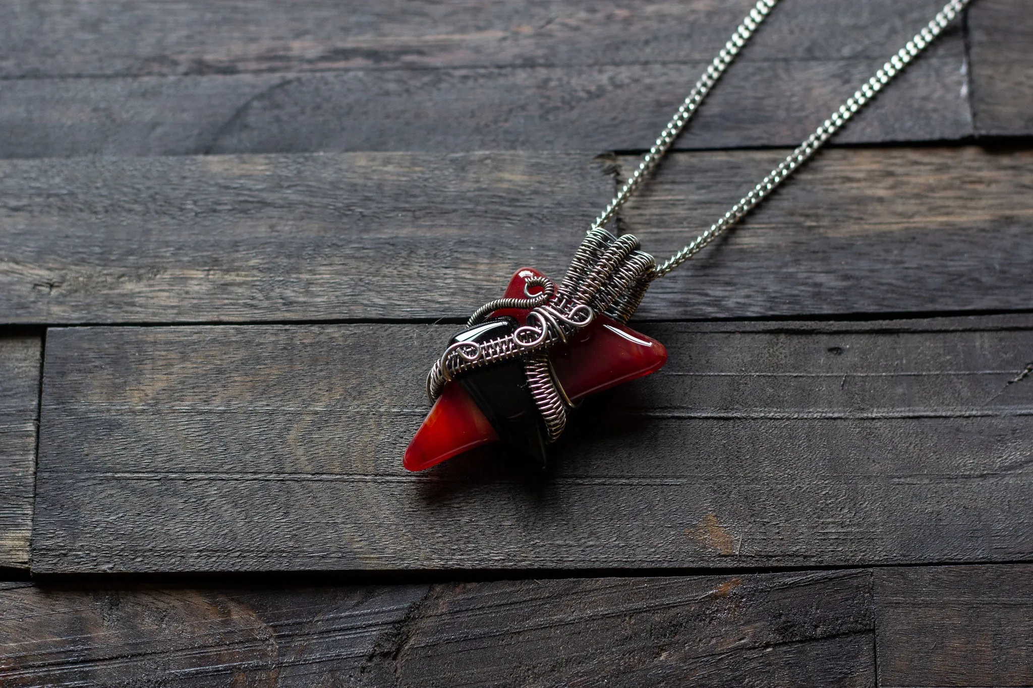 Red and Black Fused Glass Pendant with Sterling Silver Wire Wrapping