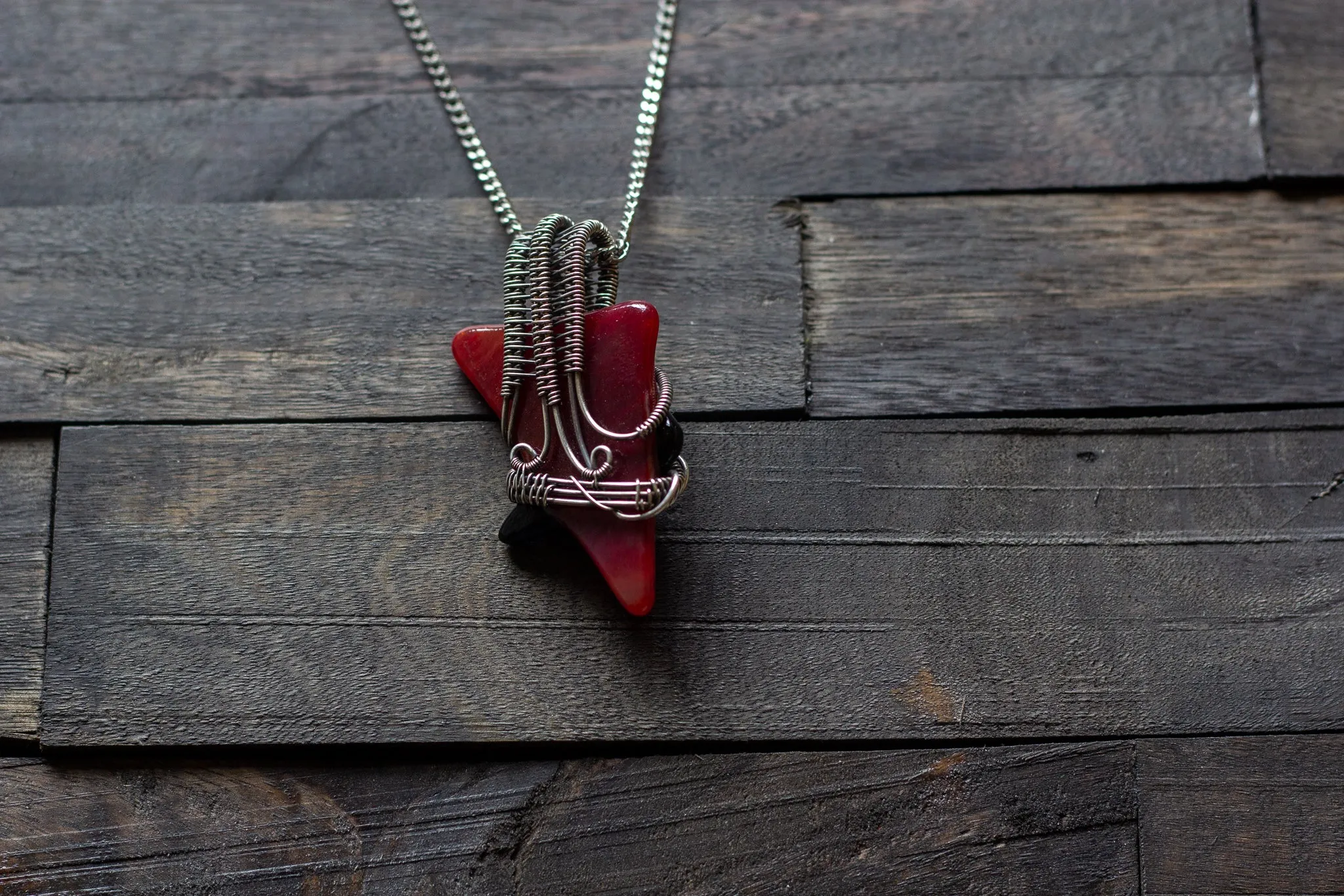 Red and Black Fused Glass Pendant with Sterling Silver Wire Wrapping